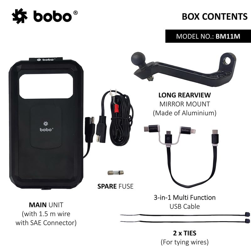 BOBO BM11M Mirror Mount Fully Waterproof Bike/Motorcycle/Scooter Mobile Phone Holder Mount with Fast 15W Wireless & USB-C Input/Output Charger, Ideal for Maps and GPS Navigation (Black)