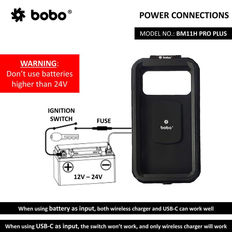 BOBO BM11H PRO Plus Handlebar Mount with Damper, Fully Waterproof Bike/Motorcycle/Scooter Mobile Phone Holder Mount with 15W Wireless & USB-C I/O Charger, Ideal for Maps and GPS Navigation (Black)