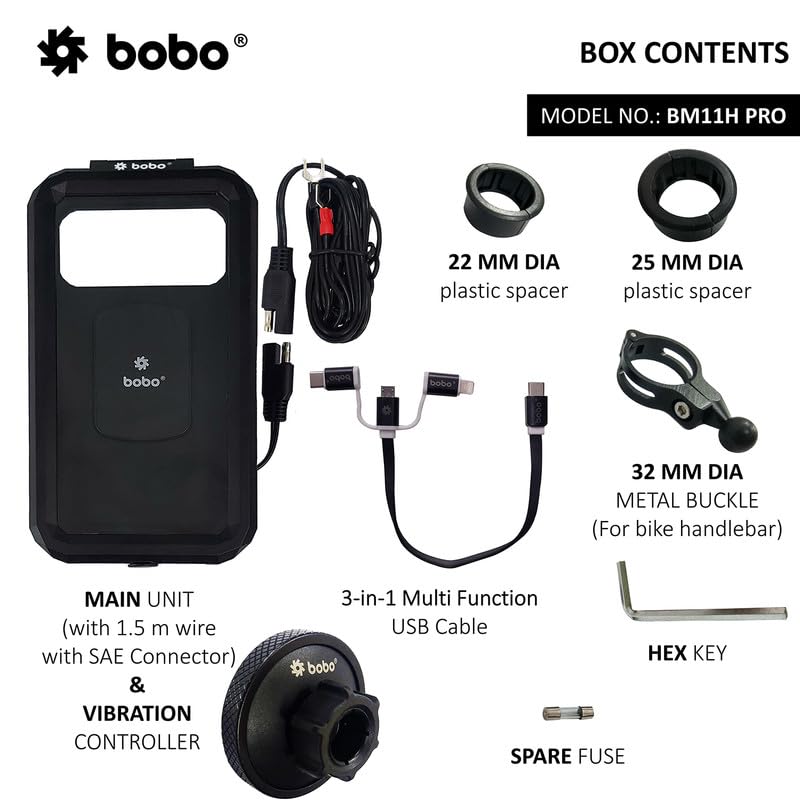 BOBO BM11H PRO with Vibration Controller, Fully Waterproof Bike/Motorcycle/Scooter Mobile Phone Holder Mount with Fast 15W Wireless & USB-C I/O Charger, Ideal for Maps and GPS Navigation (Black)