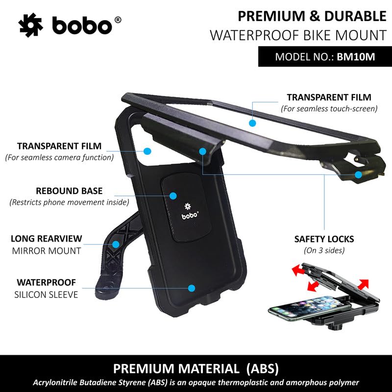 BOBO BM10M Mirror Mount Fully Waterproof Bike/Motorcycle/Scooter Mobile Phone Holder Mount, Ideal for Maps and GPS Navigation (Black)
