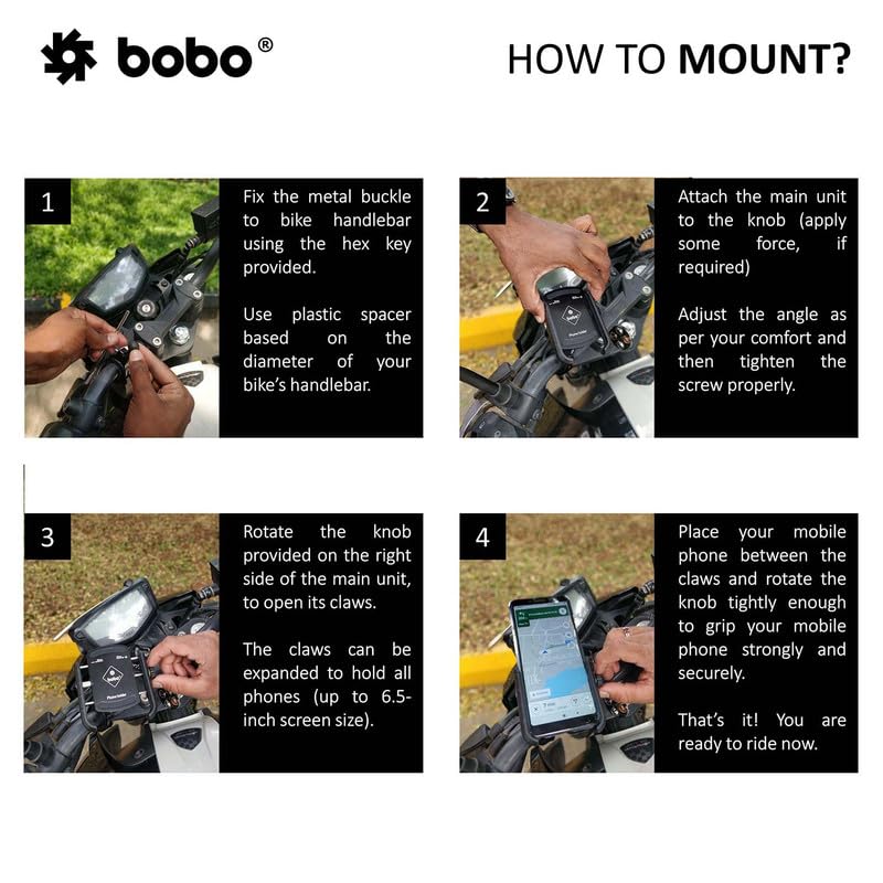 BOBO BM4 PRO Jaw-Grip with Vibration Contoller Waterproof Bike/Motorcycle/Scooter Mobile Phone Holder Mount, Ideal for Maps and GPS Navigation (Black)