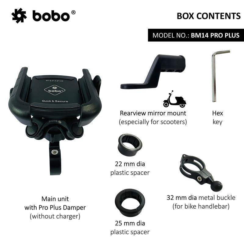 BOBO BM14 PRO Plus Quick Release with PRO Plus Vibration Damper Waterproof Bike/Motorcycle/Scooter Mobile Phone Holder Mount, Ideal for Maps and GPS Navigation (Black)