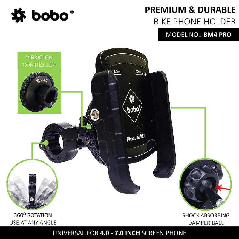 BOBO BM4 PRO Jaw-Grip with Vibration Contoller Waterproof Bike/Motorcycle/Scooter Mobile Phone Holder Mount, Ideal for Maps and GPS Navigation (Black)