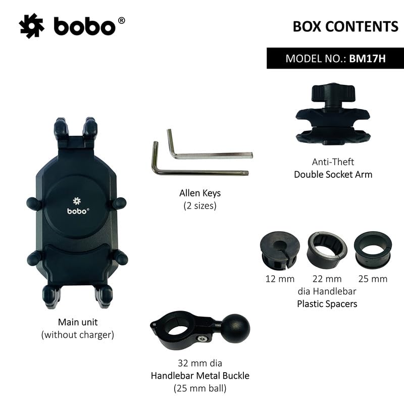 BOBO BM17H PRO Handlebar Mount Anti-Vibration Anti-Theft Waterproof Bike/Motorcycle/Scooter Mobile Phone Holder Mount, Ideal for Maps and GPS Navigation (Black)