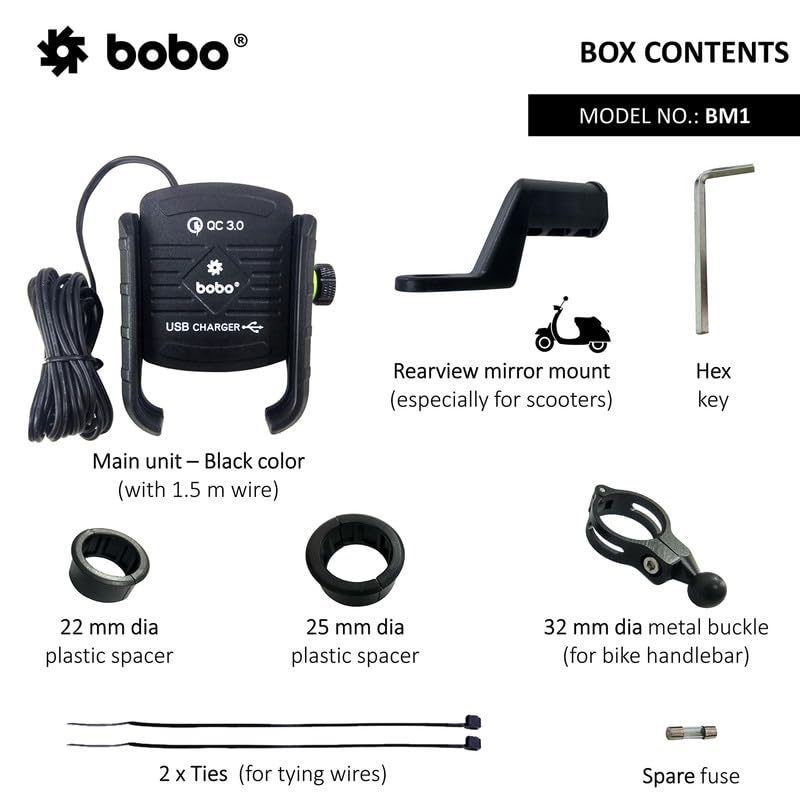 BOBO BM1 Jaw-Grip Waterproof Bike/Motorcycle/Scooter Mobile Phone Holder Mount with Fast USB 3.0 Charger, Ideal for Maps and GPS Navigation (Black)