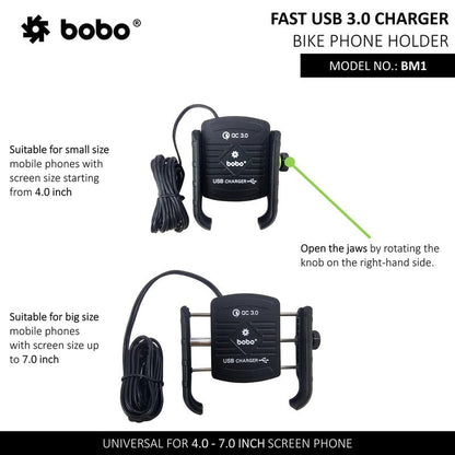 BOBO BM1 Jaw-Grip Waterproof Bike/Motorcycle/Scooter Mobile Phone Holder Mount with Fast USB 3.0 Charger, Ideal for Maps and GPS Navigation (Black)