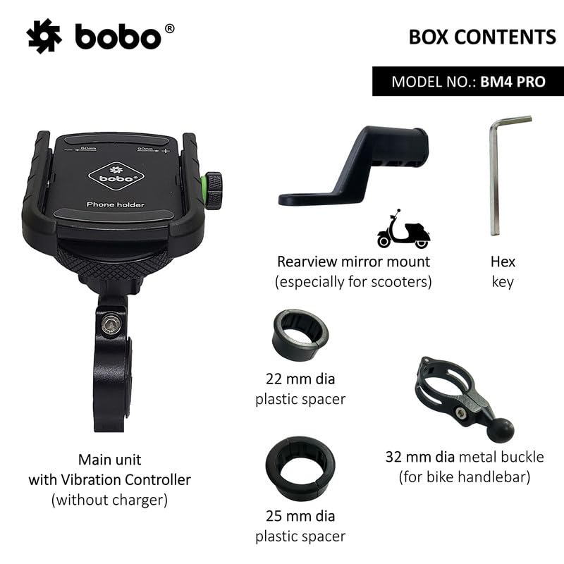 BOBO BM4 PRO Jaw-Grip with Vibration Contoller Waterproof Bike/Motorcycle/Scooter Mobile Phone Holder Mount, Ideal for Maps and GPS Navigation (Black)