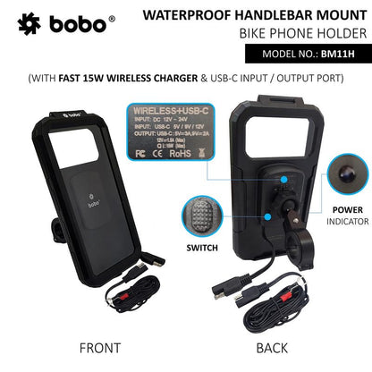 BOBO BM11H Handlebar Mount Fully Waterproof Bike/Motorcycle/Scooter Mobile Phone Holder Mount with Fast 15W Wireless & USB-C Input/Output Charger, Ideal for Maps and GPS Navigation (Black)