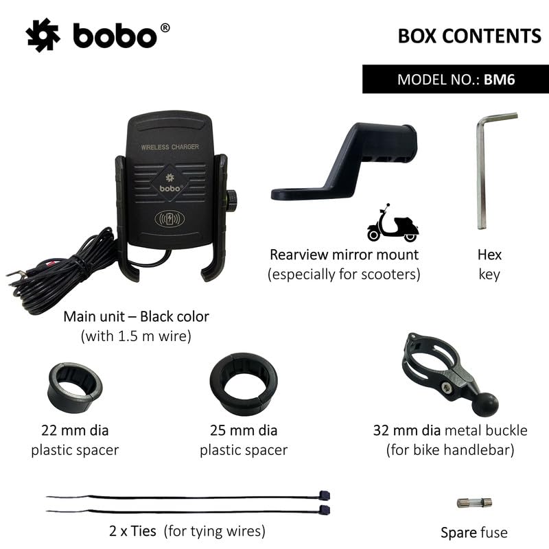 BOBO BM6 Jaw-Grip Waterproof Bike/Motorcycle/Scooter Mobile Phone Holder Mount with Fast 15W Wireless Charger, Ideal for Maps and GPS Navigation (Black)
