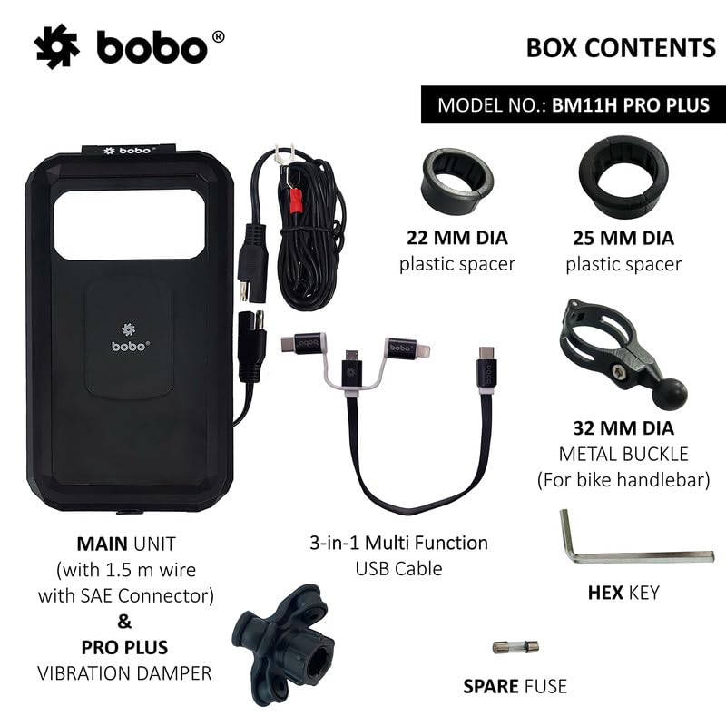 BOBO BM11H PRO Plus Handlebar Mount with Damper, Fully Waterproof Bike/Motorcycle/Scooter Mobile Phone Holder Mount with 15W Wireless & USB-C I/O Charger, Ideal for Maps and GPS Navigation (Black)