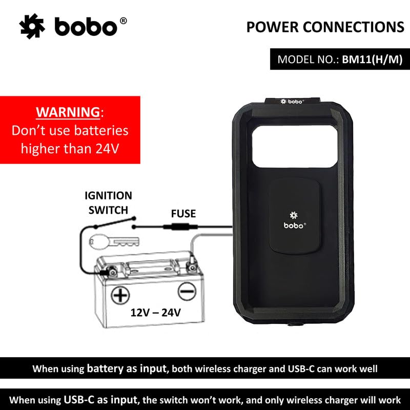 BOBO BM11H Handlebar Mount Fully Waterproof Bike/Motorcycle/Scooter Mobile Phone Holder Mount with Fast 15W Wireless & USB-C Input/Output Charger, Ideal for Maps and GPS Navigation (Black)