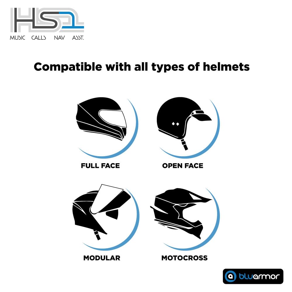 BluArmor Hs1 Helmet Bluetooth On Ear Headset, Hd Music, Calls, Voice Assistant, Navigation, 360° App, (Android, Ios). Fits All Helmet Types