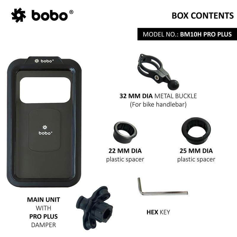 BOBO BM10H PRO Plus Handlebar Mount with PRO Plus Vibration Damper, Fully Waterproof Bike/Motorcycle/Scooter Mobile Phone Holder Mount, Ideal for Maps and GPS Navigation (Black)