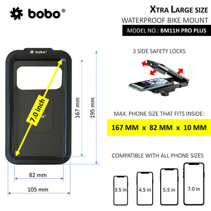 BOBO BM11H PRO Plus Handlebar Mount with Damper, Fully Waterproof Bike/Motorcycle/Scooter Mobile Phone Holder Mount with 15W Wireless & USB-C I/O Charger, Ideal for Maps and GPS Navigation (Black)