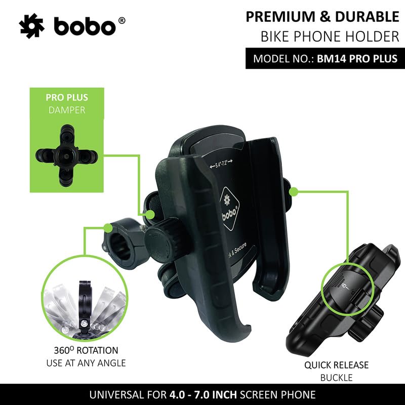 BOBO BM14 PRO Plus Quick Release with PRO Plus Vibration Damper Waterproof Bike/Motorcycle/Scooter Mobile Phone Holder Mount, Ideal for Maps and GPS Navigation (Black)