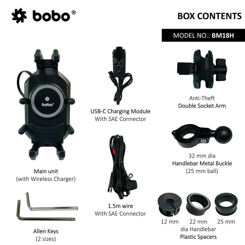 BOBO BM18H PRO Handlebar Anti-Vibration Anti-Theft Waterproof Bike/Motorcycle/Scooter Mobile Phone Holder Mount with Fast 15W Wireless & USB-C Charger, Ideal for Maps and GPS Navigation (Black)