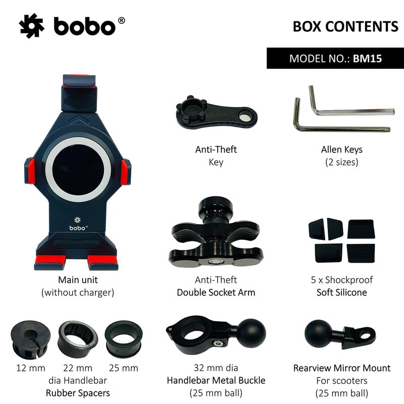 BOBO BM15 Anti-Vibration Anti-Theft Metallic Waterproof Bike/Motorcycle/Scooter Mobile Phone Holder Mount, Ideal for Maps and GPS Navigation (Black)