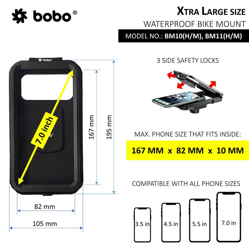 BOBO BM11H Handlebar Mount Fully Waterproof Bike/Motorcycle/Scooter Mobile Phone Holder Mount with Fast 15W Wireless & USB-C Input/Output Charger, Ideal for Maps and GPS Navigation (Black)