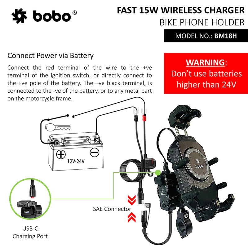 BOBO BM18H PRO Handlebar Anti-Vibration Anti-Theft Waterproof Bike/Motorcycle/Scooter Mobile Phone Holder Mount with Fast 15W Wireless & USB-C Charger, Ideal for Maps and GPS Navigation (Black)