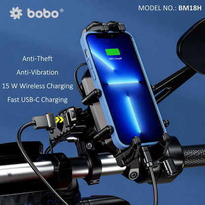 BOBO BM18H PRO Handlebar Anti-Vibration Anti-Theft Waterproof Bike/Motorcycle/Scooter Mobile Phone Holder Mount with Fast 15W Wireless & USB-C Charger, Ideal for Maps and GPS Navigation (Black)