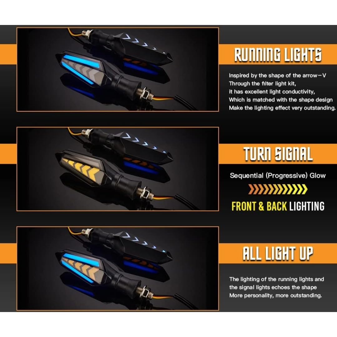 LGP Imported Original Waterproof Arrow Running Blinker Bright LED Indicators Universal For All Bike Models Motorcycle Turn Signal Lights (Pack of 2, Yellow With Blue)