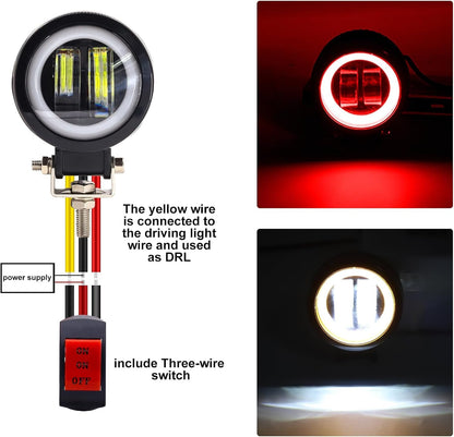 HJG 3inch Motorcycle LED Headlight Fog Light Motorcycle Driving Lights 20W Headlights Round Led Light Round LED Angel Eye Light Waterproof Fog Flood Light for Motorcycle Truck SUV UTV ATV etc, Red