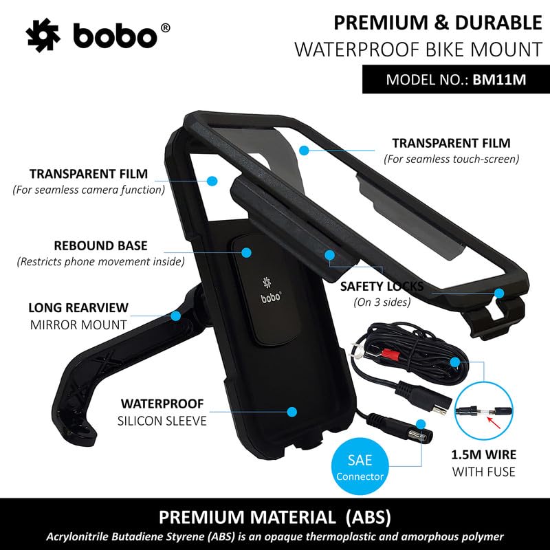 BOBO BM11M Mirror Mount Fully Waterproof Bike/Motorcycle/Scooter Mobile Phone Holder Mount with Fast 15W Wireless & USB-C Input/Output Charger, Ideal for Maps and GPS Navigation (Black)