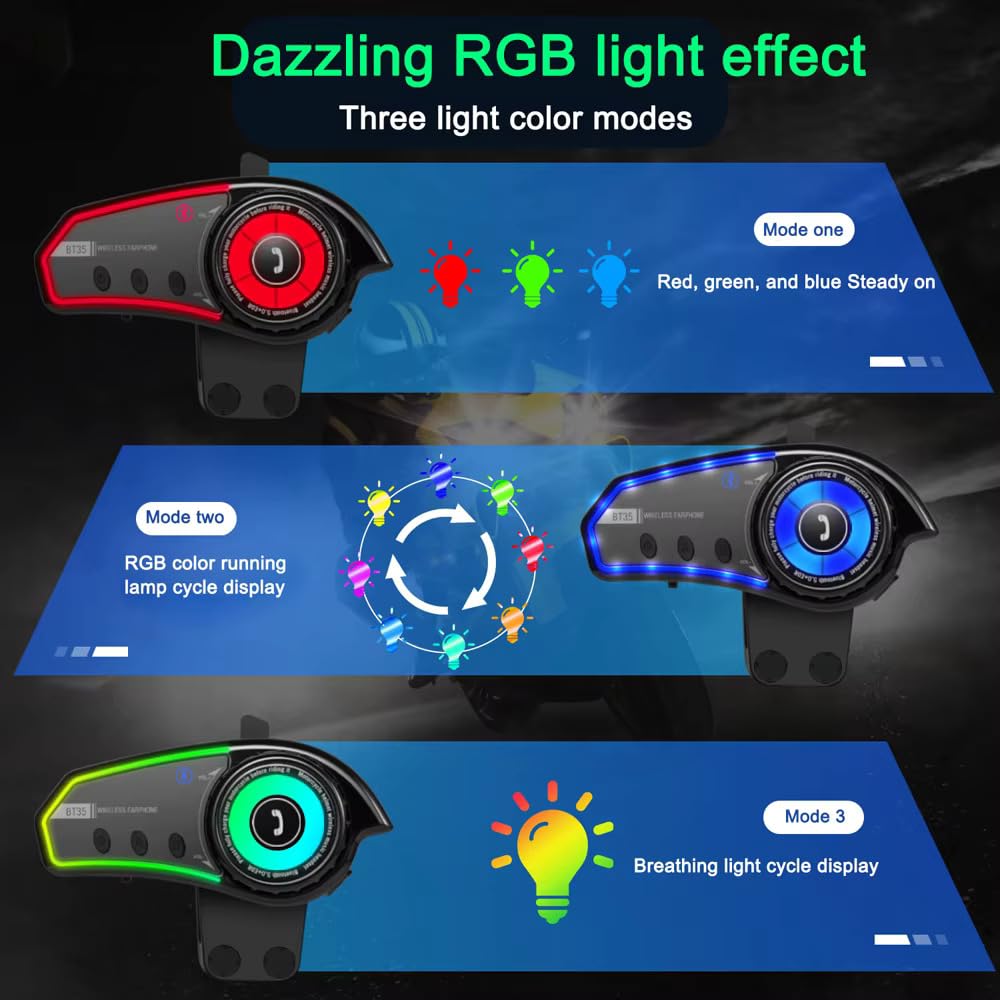 Motorcycle BT-35 Helmet Bluetooth, Bluetooth 5.0 EDR IP67 Waterproof 800mAh Wireless Motorcycle Headset Automatic Answer Motorcycle Headset (with RGB Ambient Lighting)