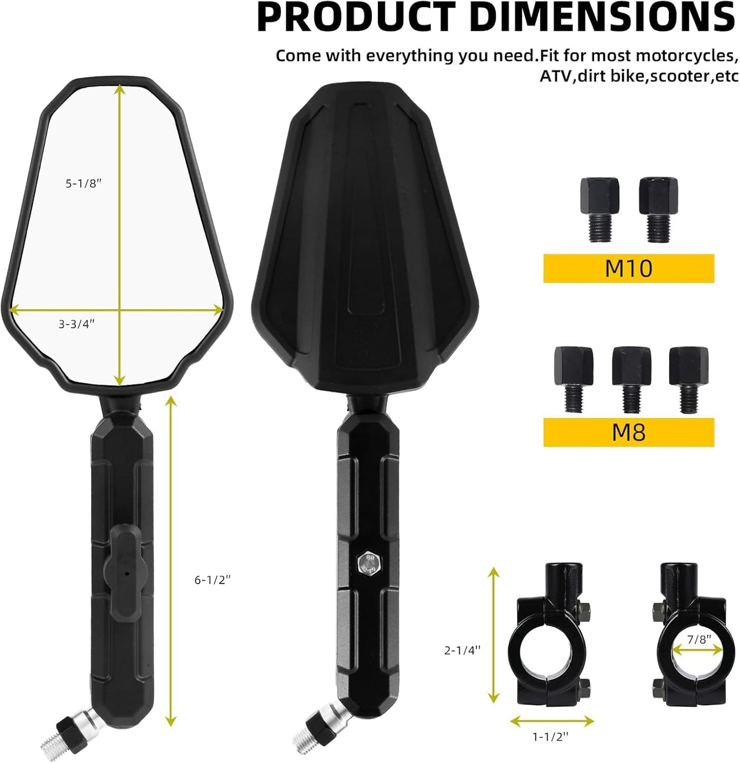 Adventure Bike Mirrors – ABS Body, Anti-Vibration Aluminum RAM Mount, 2-Section Adjustable Angle for Wider Rear View, Universal Adventure Motorcycle Rear-View Mirrors, Black