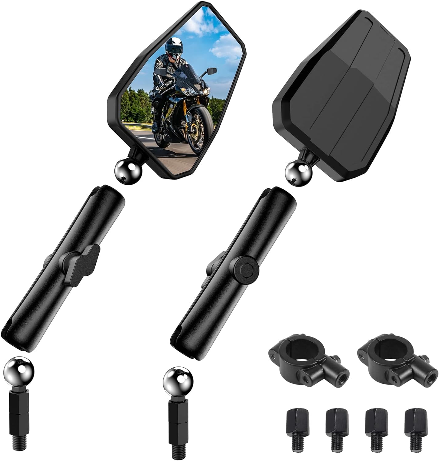 Upgraded Universal Motorcycle Mirror,Adventure Ball-Head ATV Rear View Mirror With 8/10MM Screw and 7/8" Handlebar Aluminum Mount Compatible with ATV Dirt Bike and More