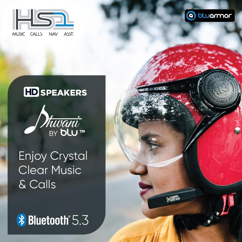 BluArmor Hs1 Helmet Bluetooth On Ear Headset, Hd Music, Calls, Voice Assistant, Navigation, 360° App, (Android, Ios). Fits All Helmet Types
