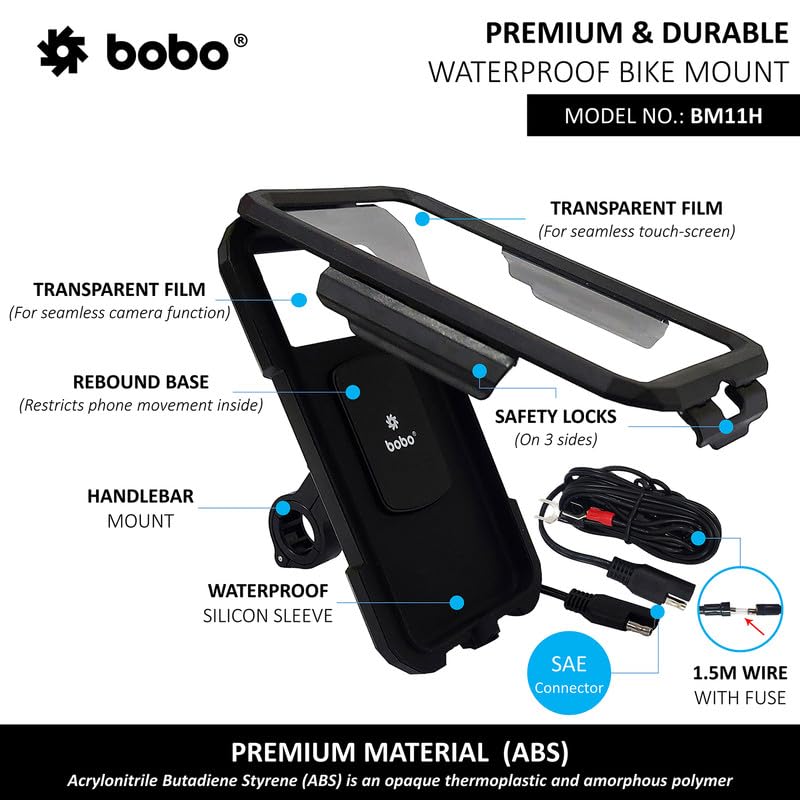 BOBO BM11H Handlebar Mount Fully Waterproof Bike/Motorcycle/Scooter Mobile Phone Holder Mount with Fast 15W Wireless & USB-C Input/Output Charger, Ideal for Maps and GPS Navigation (Black)