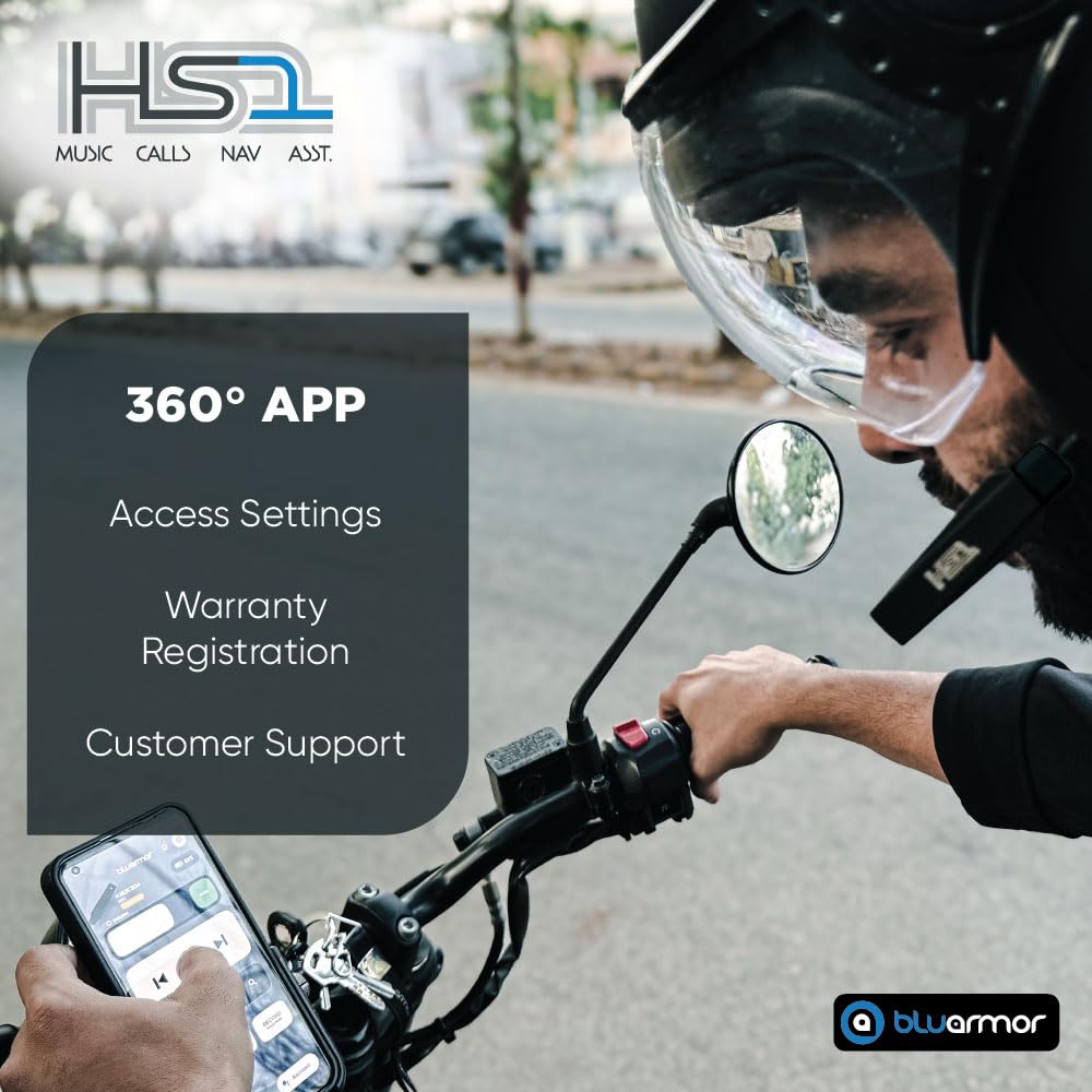 BluArmor Hs1 Helmet Bluetooth On Ear Headset, Hd Music, Calls, Voice Assistant, Navigation, 360° App, (Android, Ios). Fits All Helmet Types