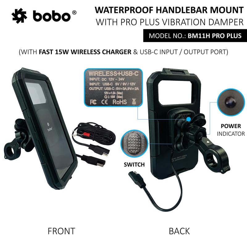 BOBO BM11H PRO Plus Handlebar Mount with Damper, Fully Waterproof Bike/Motorcycle/Scooter Mobile Phone Holder Mount with 15W Wireless & USB-C I/O Charger, Ideal for Maps and GPS Navigation (Black)