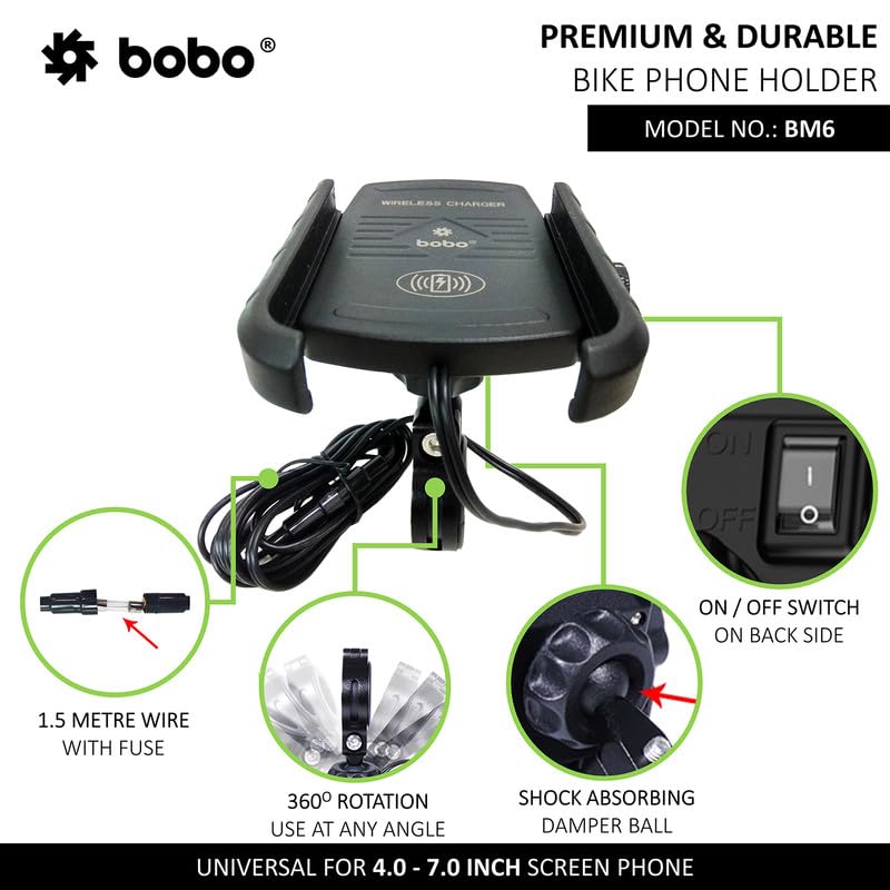 BOBO BM6 Jaw-Grip Waterproof Bike/Motorcycle/Scooter Mobile Phone Holder Mount with Fast 15W Wireless Charger, Ideal for Maps and GPS Navigation (Black)