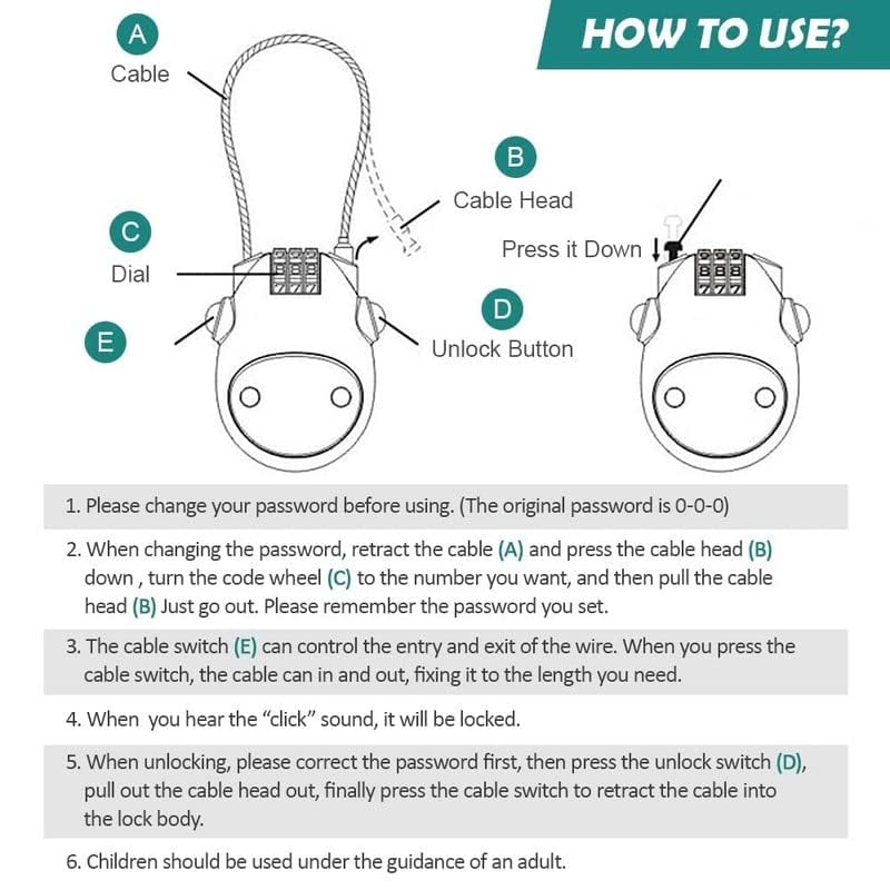 GUB Portable Helmet Lock/Wheel Lock Wire Rope Anti-Theft Lock 3 Digit for Suitcase Helmet Luggage Toolbox