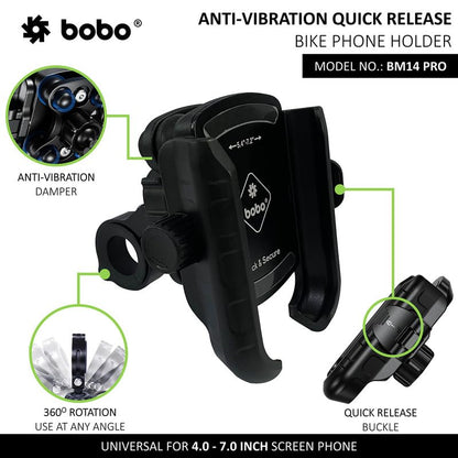 BOBO BM14 PRO X Quick Release with Vibration Controller Waterproof Bike/Motorcycle/Scooter Mobile Phone Holder Mount, Ideal for Maps and GPS Navigation (Black)