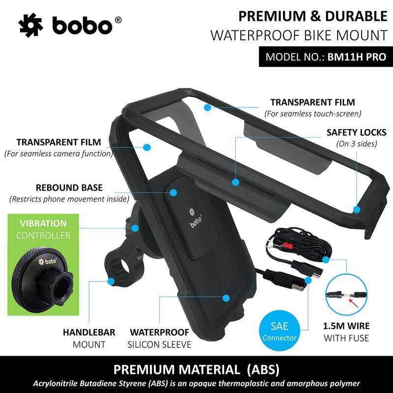 BOBO BM11H PRO with Vibration Controller, Fully Waterproof Bike/Motorcycle/Scooter Mobile Phone Holder Mount with Fast 15W Wireless & USB-C I/O Charger, Ideal for Maps and GPS Navigation (Black)