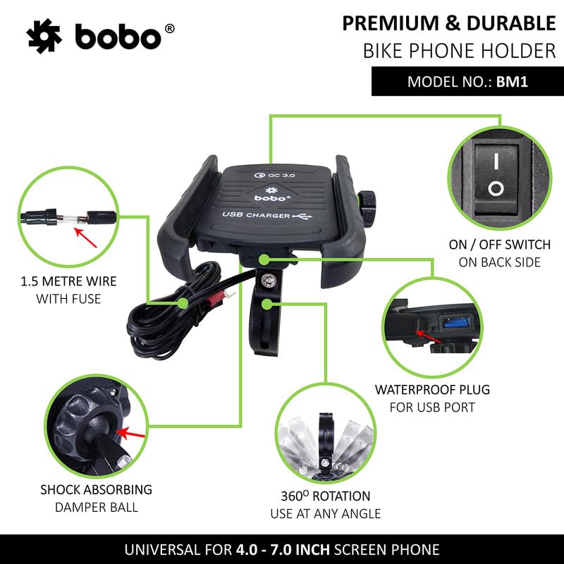 BOBO BM1 Jaw-Grip Waterproof Bike/Motorcycle/Scooter Mobile Phone Holder Mount with Fast USB 3.0 Charger, Ideal for Maps and GPS Navigation (Black)