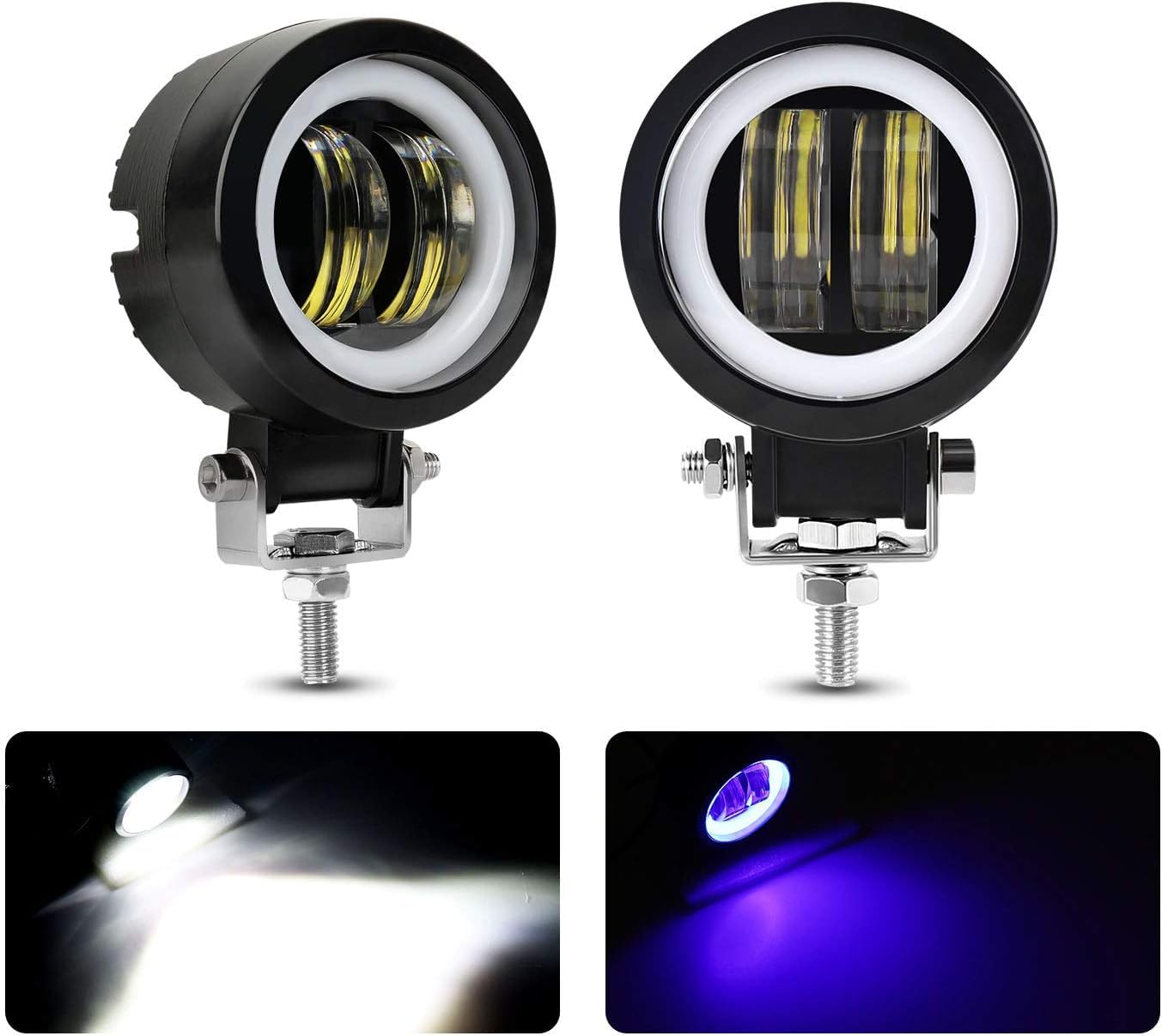 Motorcycle Headlight LED Fog Light 3 inch Round Blue Angel Eye DRL White Light 10-80V DC 8000LM Waterproof Off-road Vehicle Marine Work Light (2 PCS)