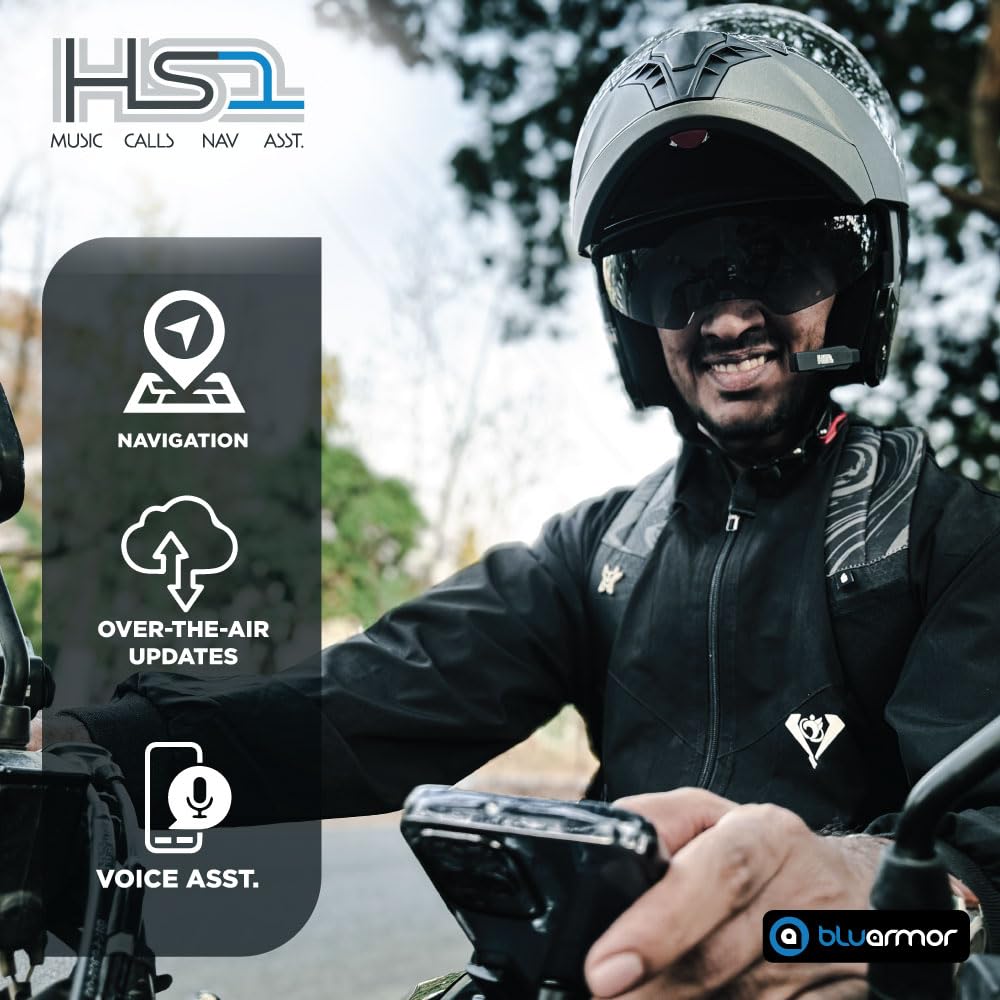 BluArmor Hs1 Helmet Bluetooth On Ear Headset, Hd Music, Calls, Voice Assistant, Navigation, 360° App, (Android, Ios). Fits All Helmet Types