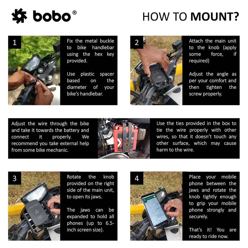 BOBO BM6 Jaw-Grip Waterproof Bike/Motorcycle/Scooter Mobile Phone Holder Mount with Fast 15W Wireless Charger, Ideal for Maps and GPS Navigation (Black)
