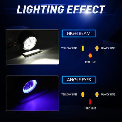 HJG Motorcycle Headlight LED Fog Light 3 inch Round Blue Angel Eye DRL White Light 10-80V DC 8000LM Waterproof Off-road Vehicle Marine Work Light (2 PCS)