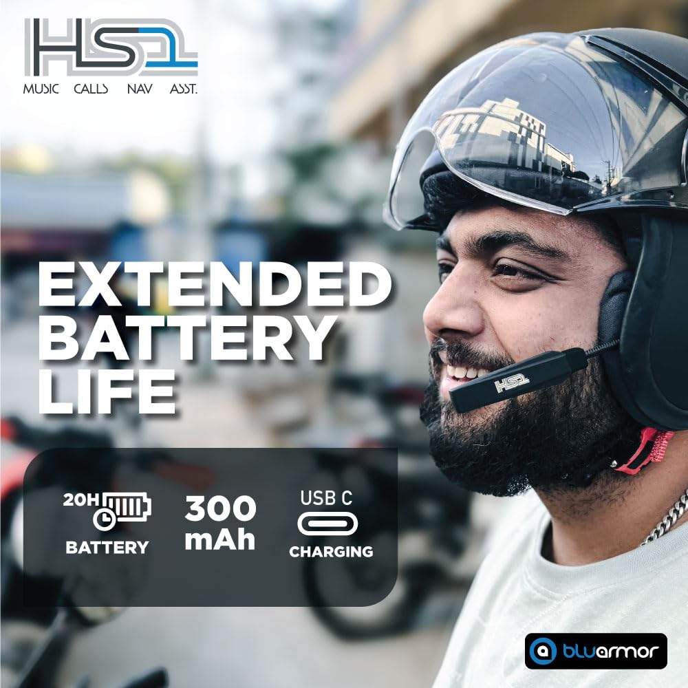 BluArmor Hs1 Helmet Bluetooth On Ear Headset, Hd Music, Calls, Voice Assistant, Navigation, 360° App, (Android, Ios). Fits All Helmet Types