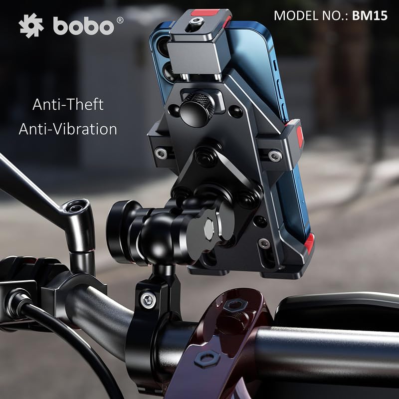 BOBO BM15 Anti-Vibration Anti-Theft Metallic Waterproof Bike/Motorcycle/Scooter Mobile Phone Holder Mount, Ideal for Maps and GPS Navigation (Black)