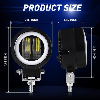 HJG Motorcycle Headlight LED Fog Light 3 inch Round Blue Angel Eye DRL White Light 10-80V DC 8000LM Waterproof Off-road Vehicle Marine Work Light (2 PCS)