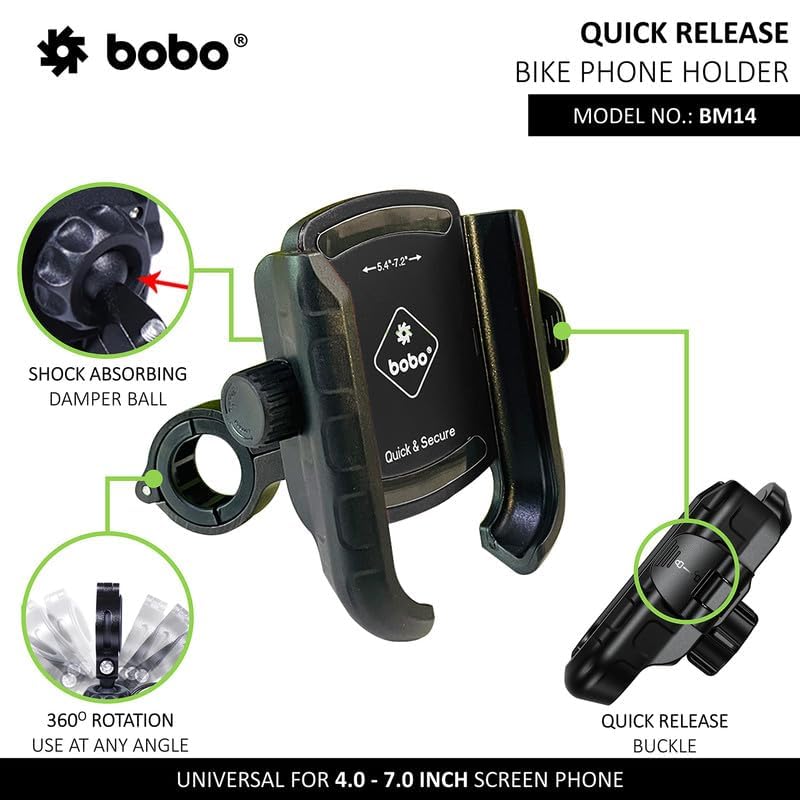 BOBO BM14 Quick Release Enhanced BM4 Waterproof Bike/Motorcycle/Scooter Mobile Phone Holder Mount, Ideal for Maps and GPS Navigation (Black)