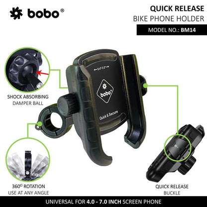 BOBO BM14 Quick Release Enhanced Waterproof Bike/Motorcycle/Scooter Mobile Phone Holder Mount, Ideal for Maps and GPS Navigation (Black)