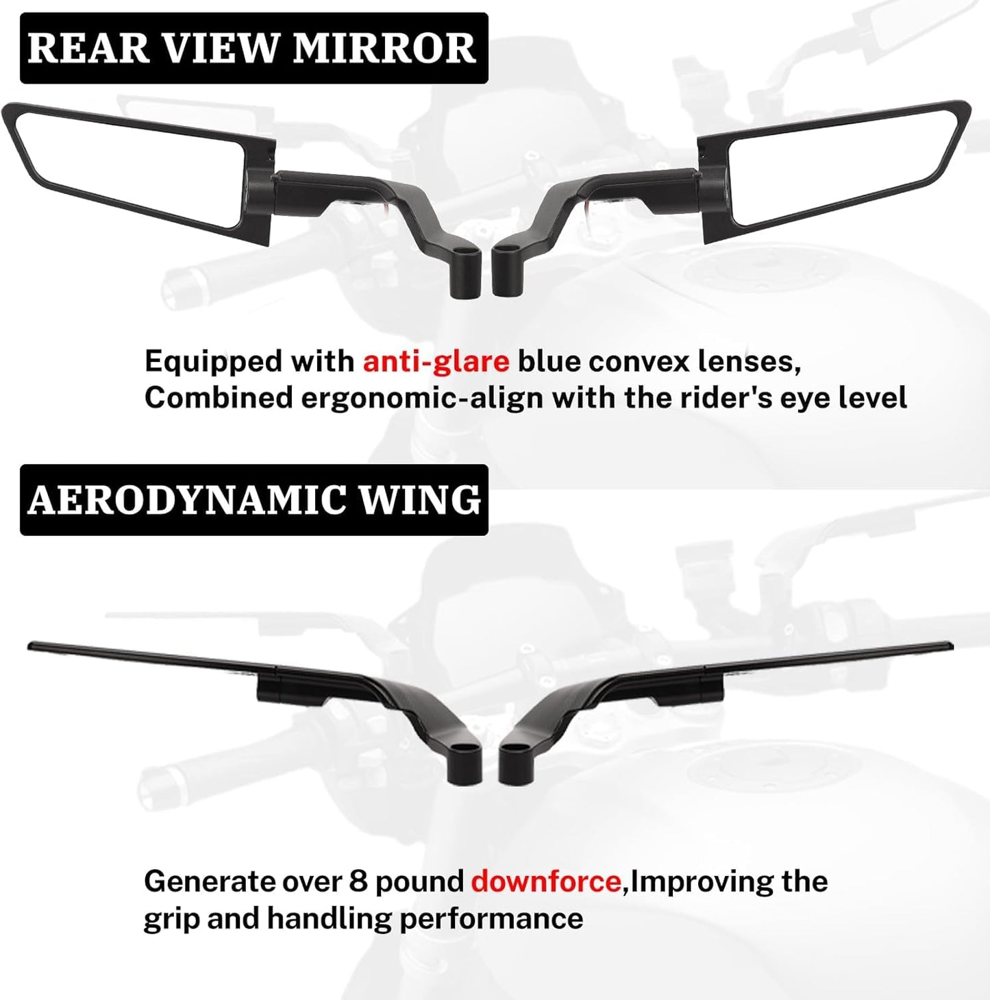 Motorcycle Mirrors with LED Turn Signal Large Stealth Mirror Adjustable Rearview Mirror Wind Wing Side Mirror for Z650 Z900 Z1000 Duke 390 790 1290 MT07 MT09 S1000 Street Bike Mirrors, LARGE