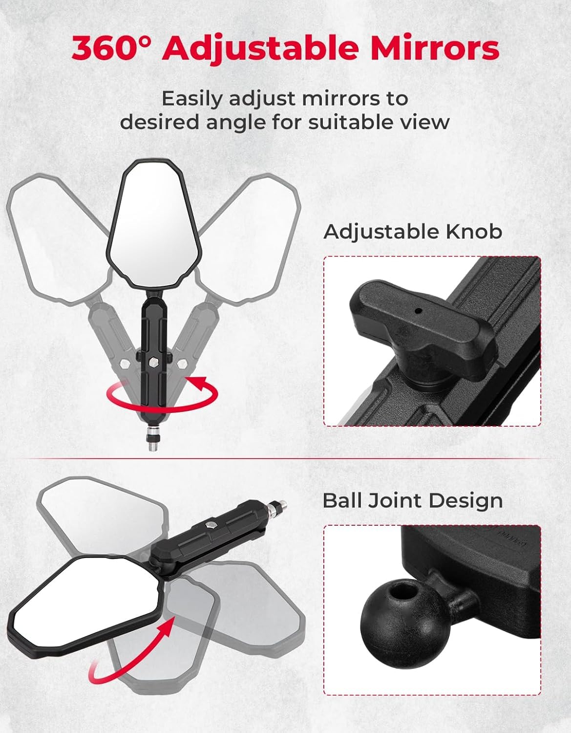 Adventure Bike Mirrors – ABS Body, Anti-Vibration Aluminum RAM Mount, 2-Section Adjustable Angle for Wider Rear View, Universal Adventure Motorcycle Rear-View Mirrors, Black